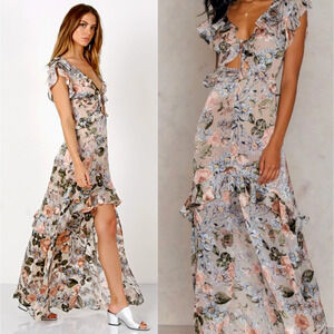 For Love&Lemons L $390 Floral Luciana Silk Velvet Burnout Maxi Dress Cutout Pink